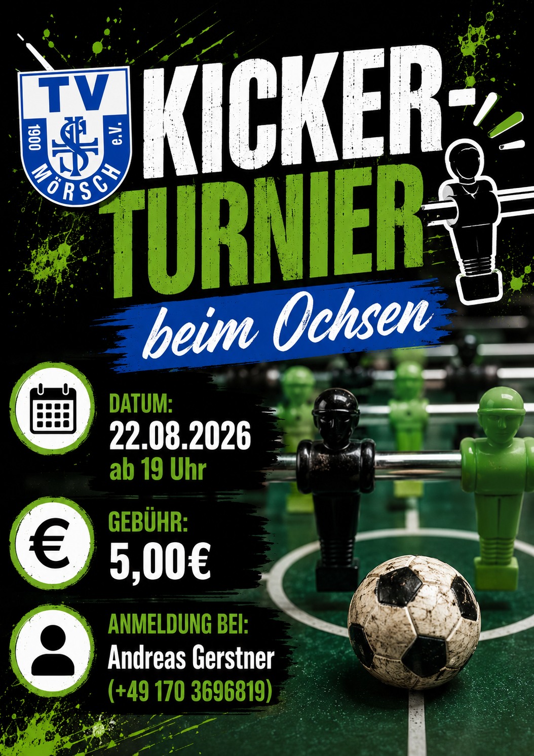 Kickerturnier beim Ochsen, 22.08.2026 ab 19 Uhr, Gebühr 5,00 €, Anmeldung bei Andreas Gerstner