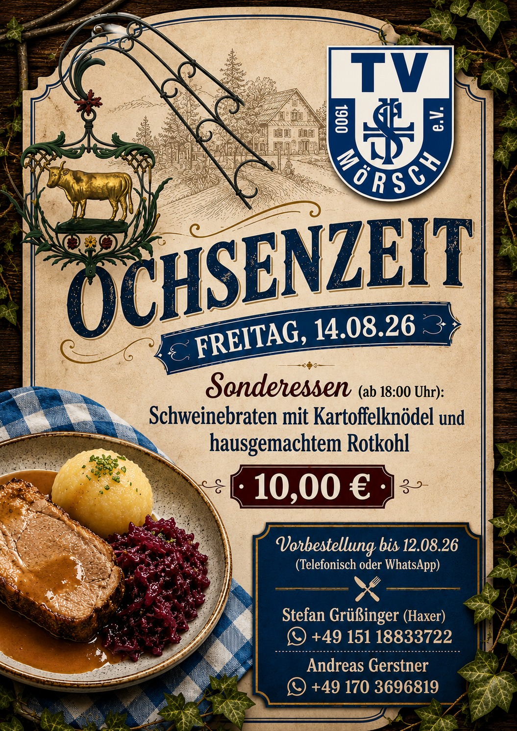 Ochsenzeit Freitag 14.08.2026 – Schweinebraten mit Kartoffelknödel und hausgemachtem Rotkohl, 10,00 €